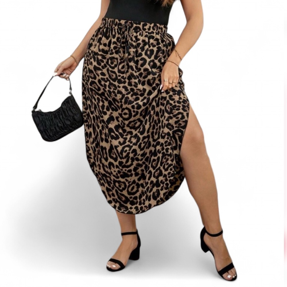 Drawstring Waist Leopard Print Slit Hem Chic Flared Skirt size 1XL - Picture 5 of 6